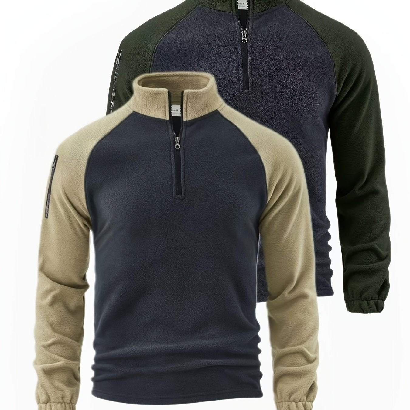 Men’s 2 - Pack Fleece - Lined Zip - Up Henley Shirts – Navy & Beige - 4USelects