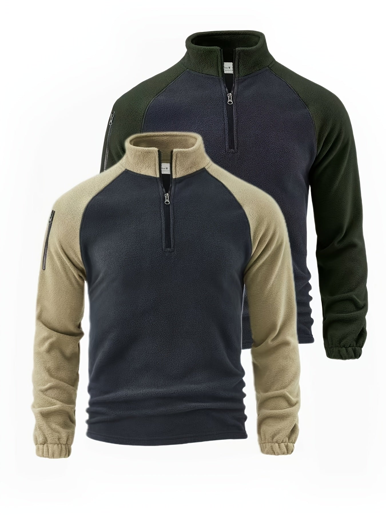 Men’s 2 - Pack Fleece - Lined Zip - Up Henley Shirts – Navy & Beige - 4USelects