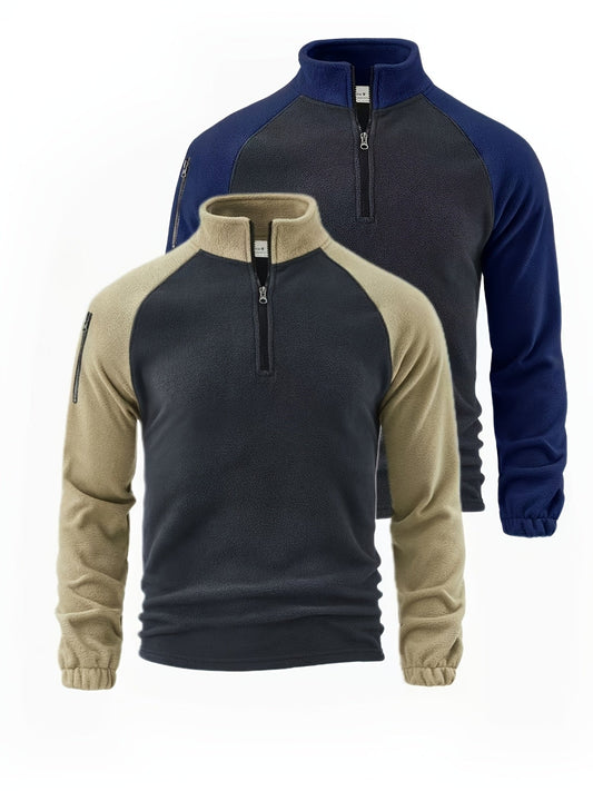 Men’s 2 - Pack Fleece - Lined Zip - Up Henley Shirts – Navy & Beige - 4USelects