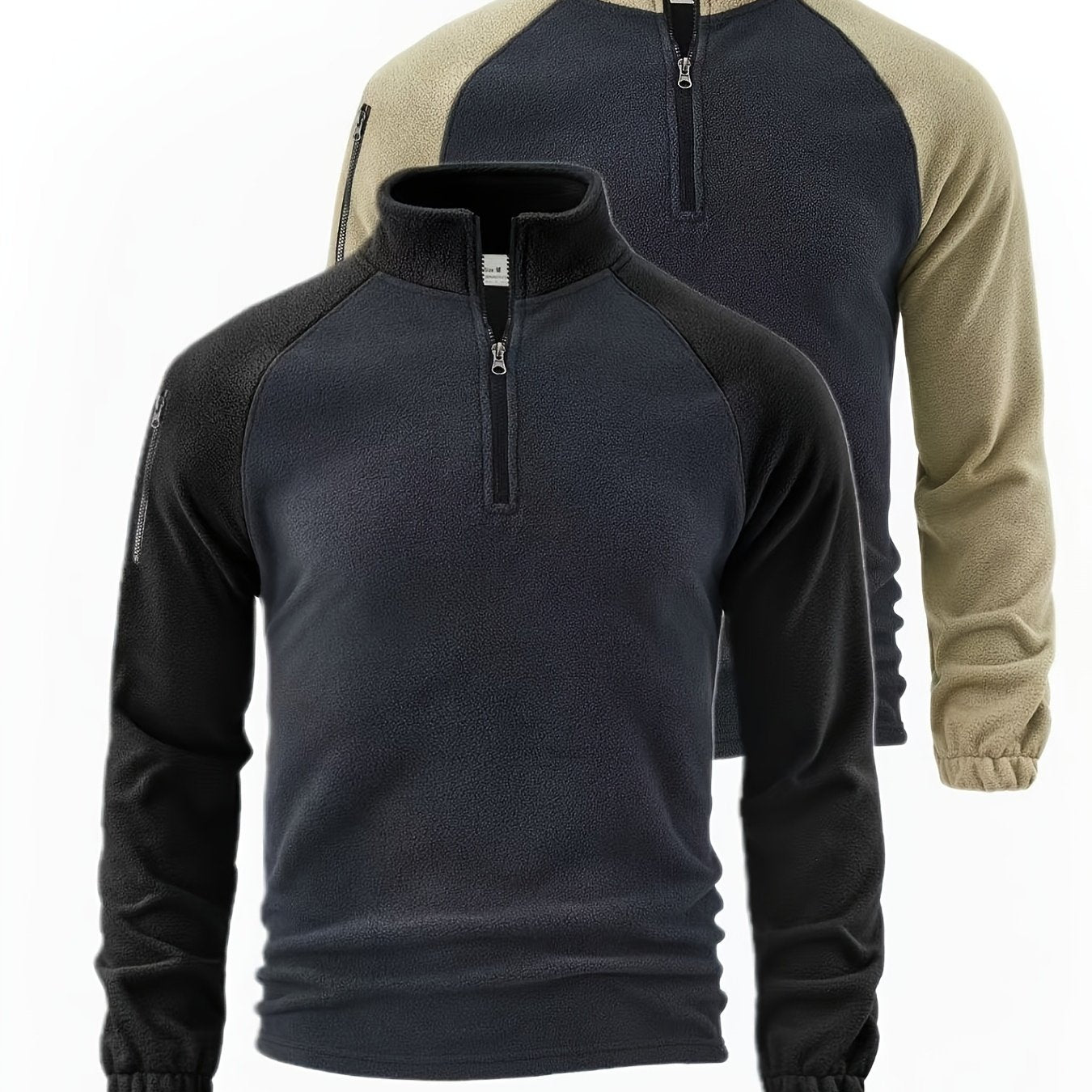 Men’s 2 - Pack Fleece - Lined Zip - Up Henley Shirts – Navy & Beige - 4USelects