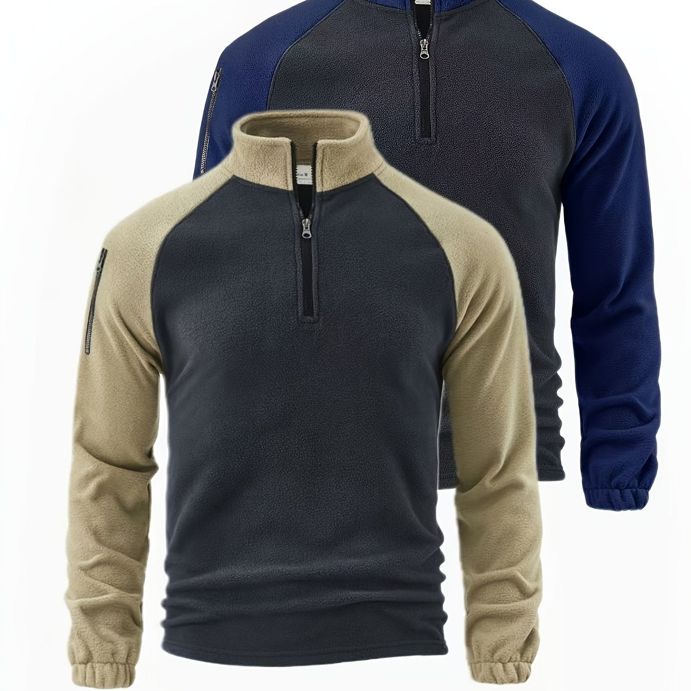 Men’s 2 - Pack Fleece - Lined Zip - Up Henley Shirts – Navy & Beige - 4USelects