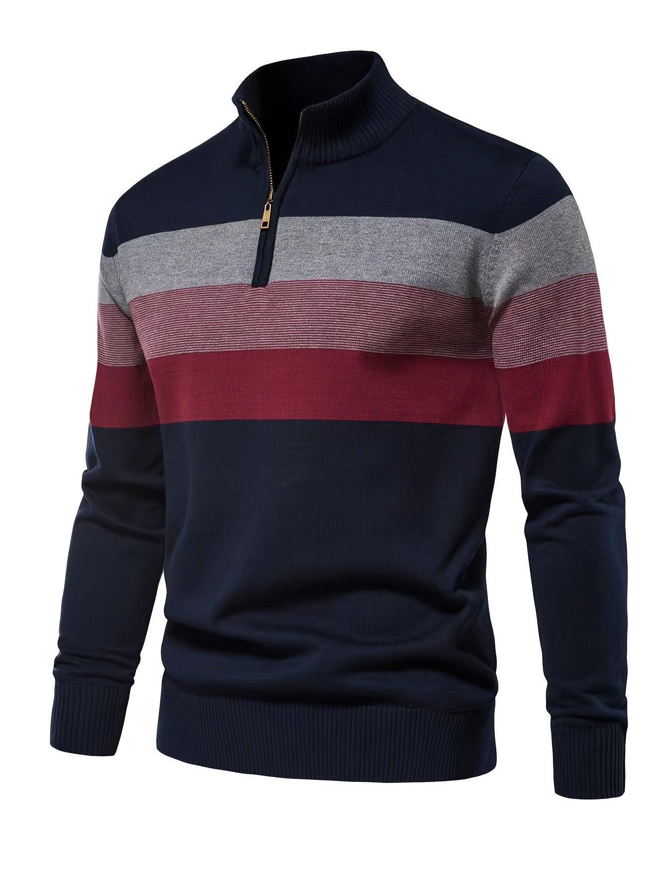 Men’s Stand‑Collar Horizontal Stripe Sweater for Fall/Winter - 4USelects