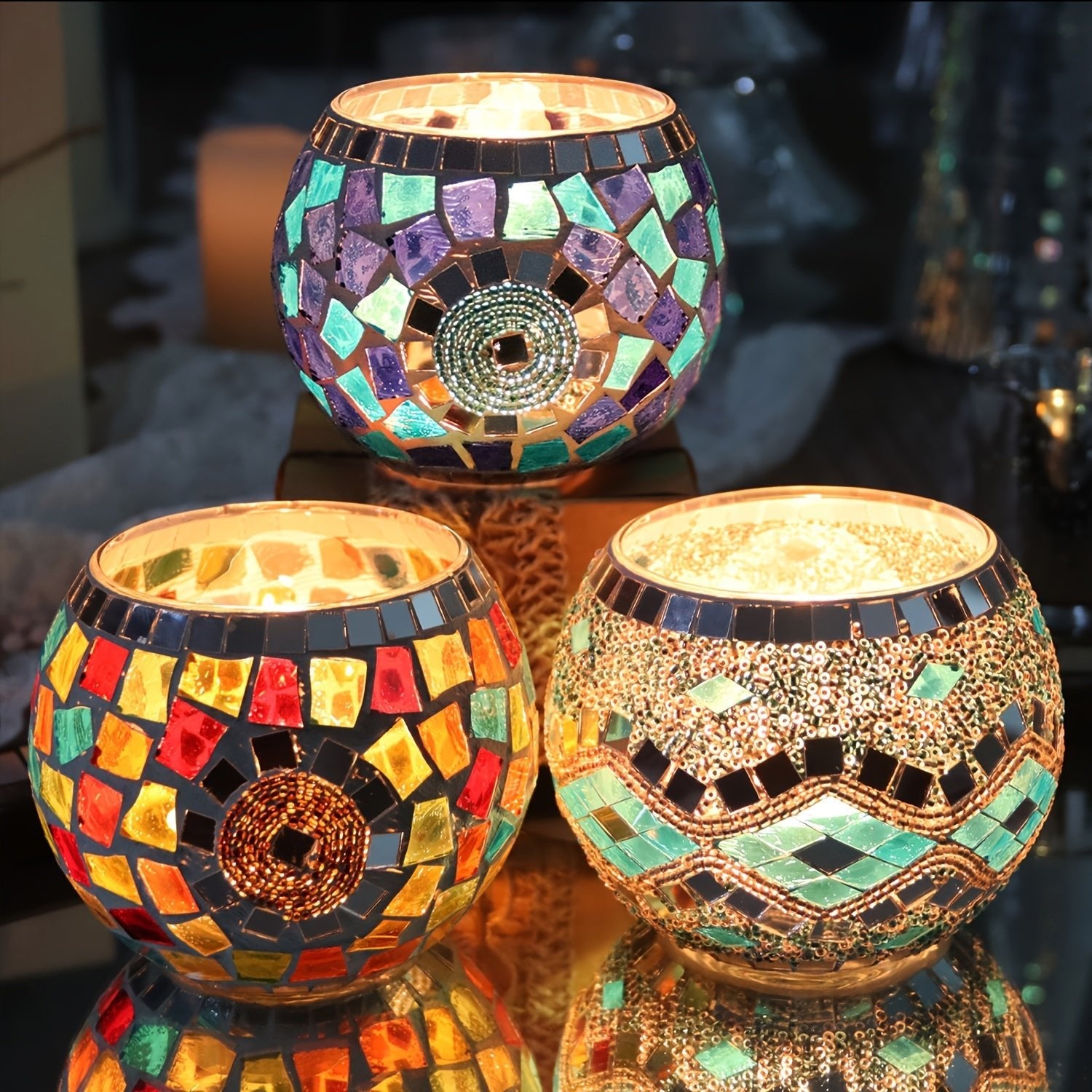 Moroccan Mosaic Glass Candle Holder Set of 3 - Glam - 4USelects