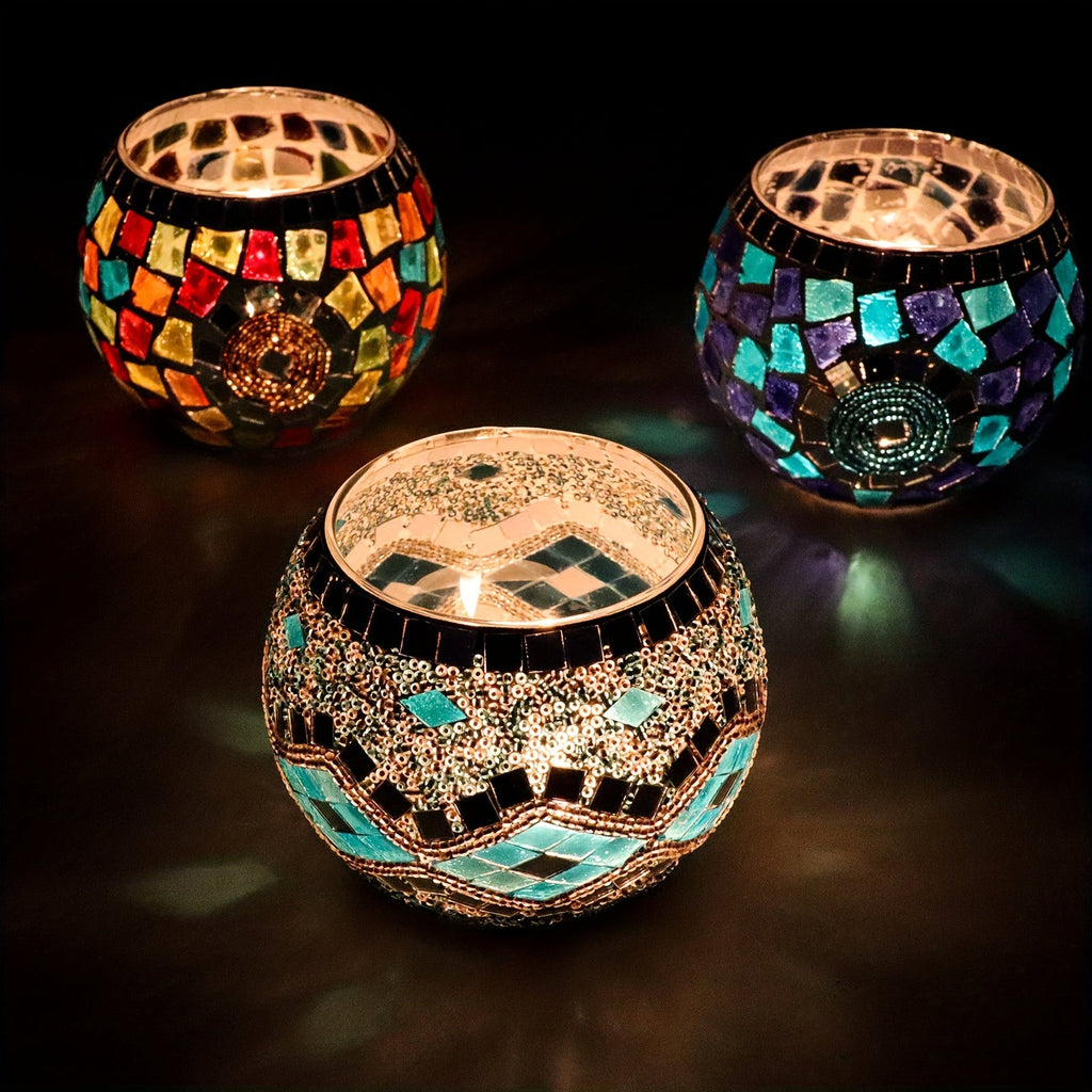 Moroccan Mosaic Glass Candle Holder Set of 3 - Glam - 4USelects
