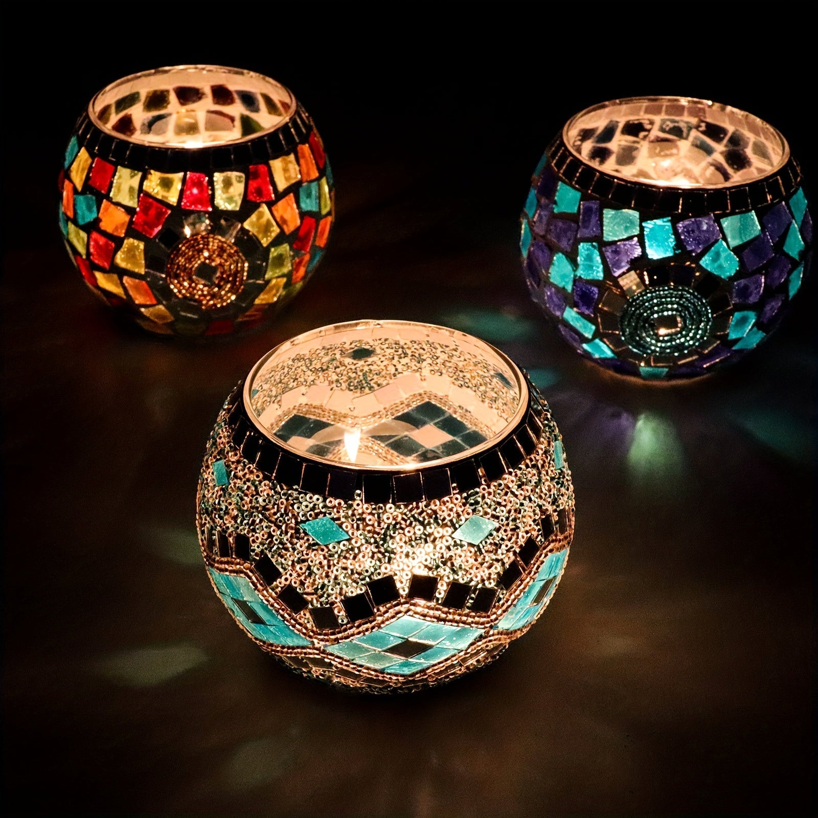 Moroccan Mosaic Glass Candle Holder Set of 3 - Glam - 4USelects
