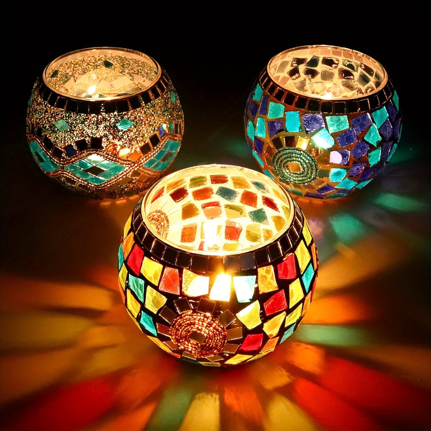 Moroccan Mosaic Glass Candle Holder Set of 3 - Glam - 4USelects