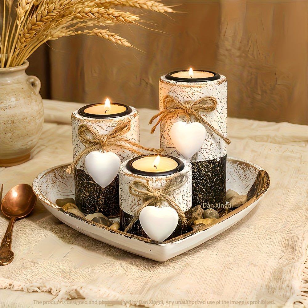Rustic Candle Holder Set - Farmhouse Wood & Macrame - 4USelects