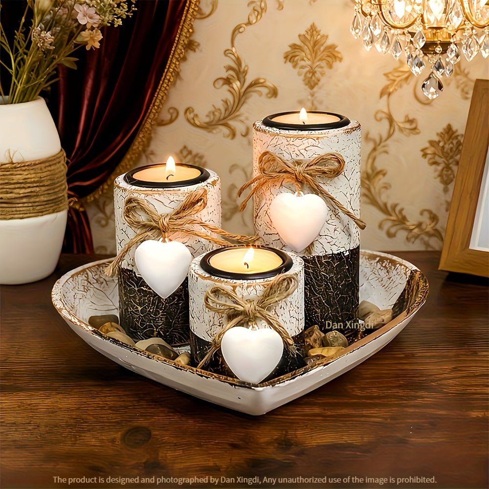 Rustic Candle Holder Set - Farmhouse Wood & Macrame - 4USelects