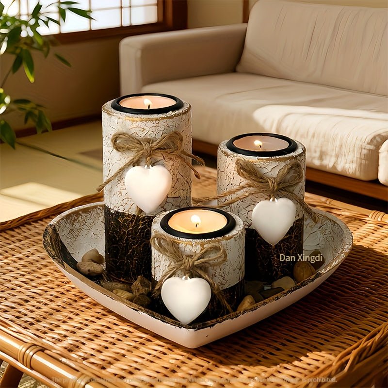 Rustic Candle Holder Set - Farmhouse Wood & Macrame - 4USelects