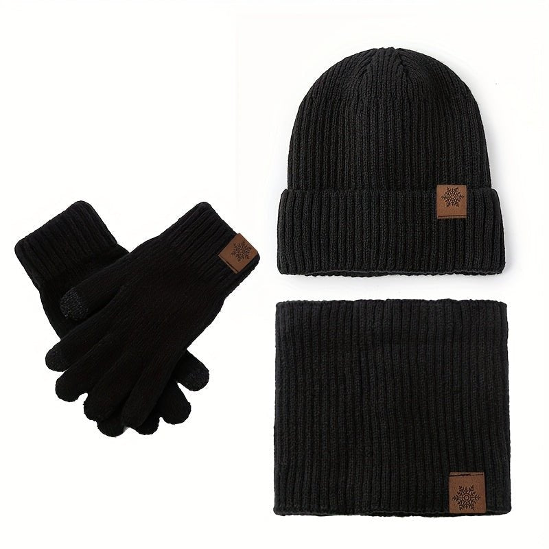 Three - Piece Winter Knit Set – Faux Leather Hat & Gloves - 4USelects