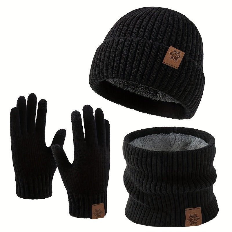 Three - Piece Winter Knit Set – Faux Leather Hat & Gloves - 4USelects