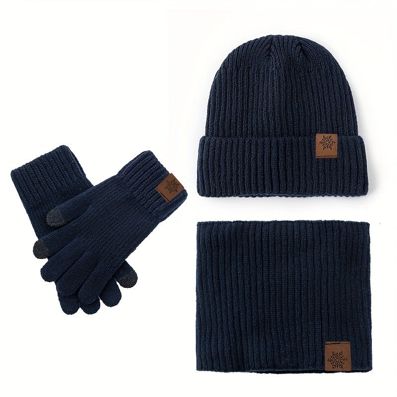 Three - Piece Winter Knit Set – Faux Leather Hat & Gloves - 4USelects