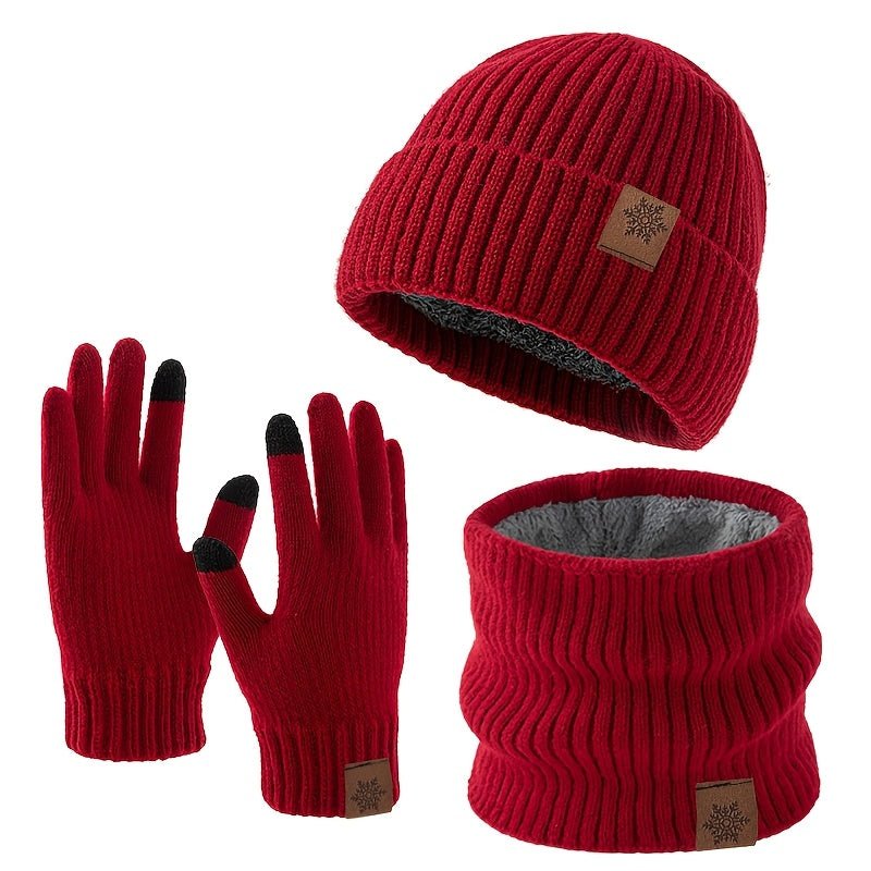 Three - Piece Winter Knit Set – Faux Leather Hat & Gloves - 4USelects