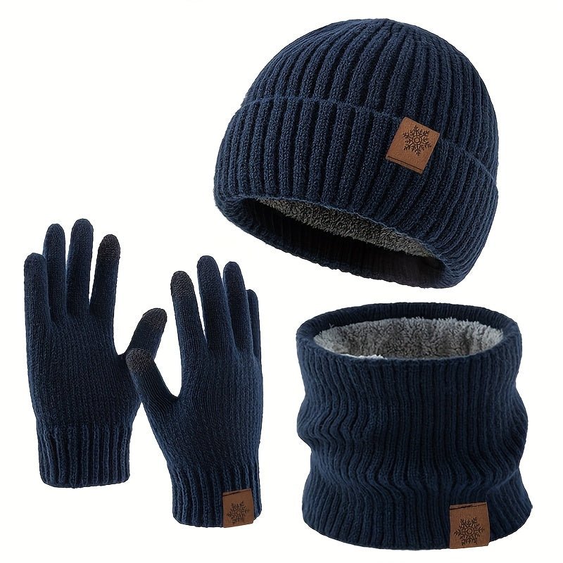 Three - Piece Winter Knit Set – Faux Leather Hat & Gloves - 4USelects