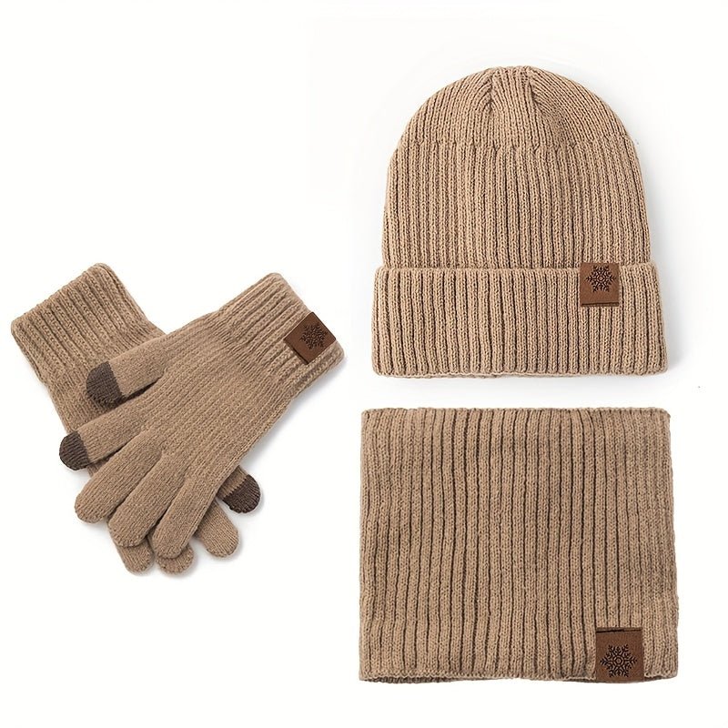 Three - Piece Winter Knit Set – Faux Leather Hat & Gloves - 4USelects