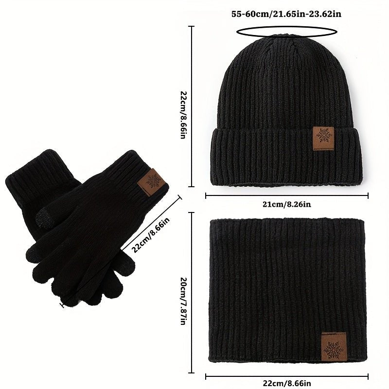 Three - Piece Winter Knit Set – Faux Leather Hat & Gloves - 4USelects